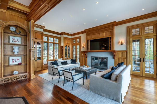 Fireplace, Interior, Living room, Recessed Lighting, Wood Texture Flooring, Wooden Walls