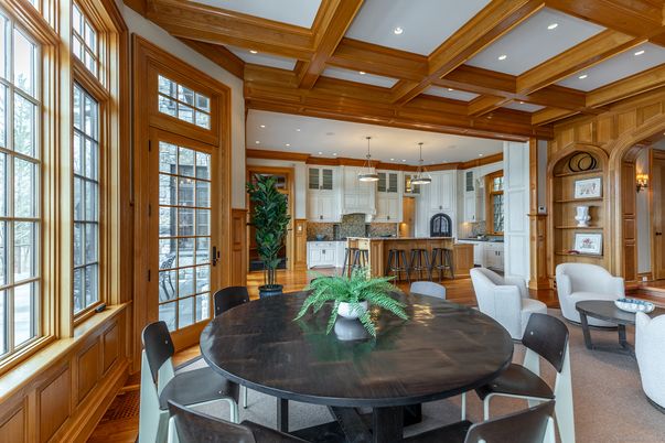 Dining room, Interior, Kitchen, Pendant Lights, Recessed Lighting, Wooden Beams