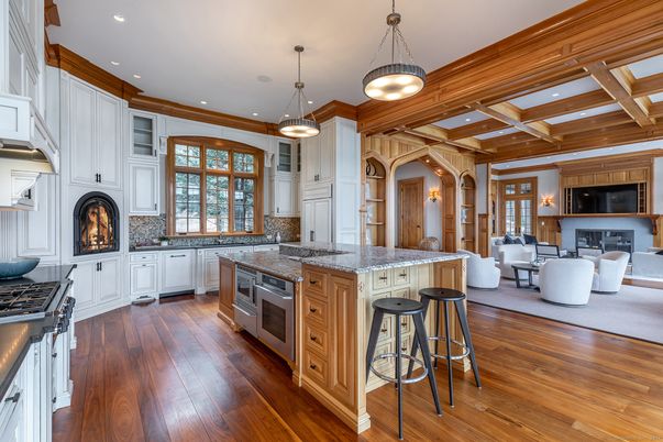 Dining room, Fireplace, Interior, Kitchen, Living room, Pendant Lights, Recessed Lighting, Stainless Steel Appliances, Wooden Beams, Wood Texture Flooring