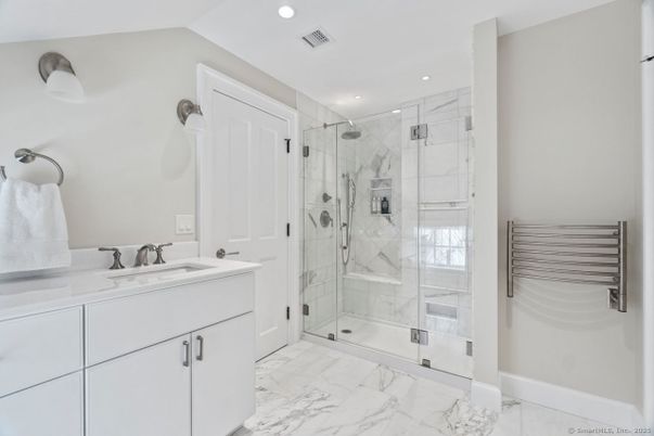 Bathroom, Glass Shower, Interior, Marble, Marble Walls, Recessed Lighting