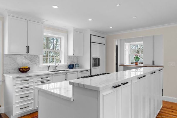 Interior, Kitchen, Marble Walls, Recessed Lighting, Wood Texture Flooring