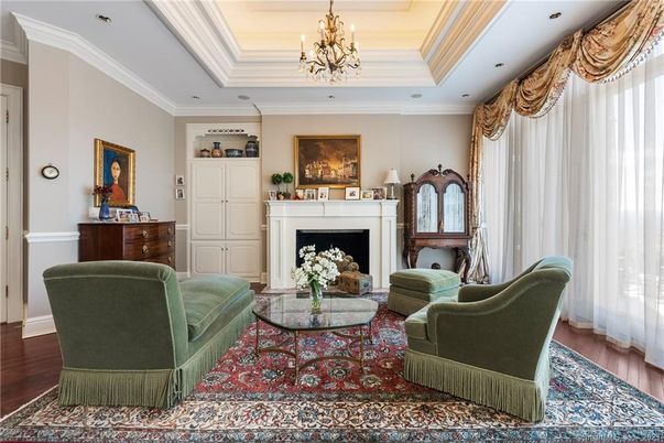 Chandelier, Fireplace, Interior, Living room, Recessed Lighting, Wood Texture Flooring