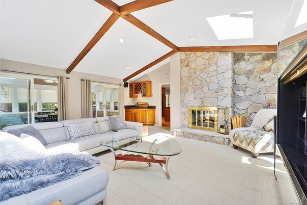 Fireplace, Interior, Living room, Recessed Lighting, Stone Walls, Wooden Beams