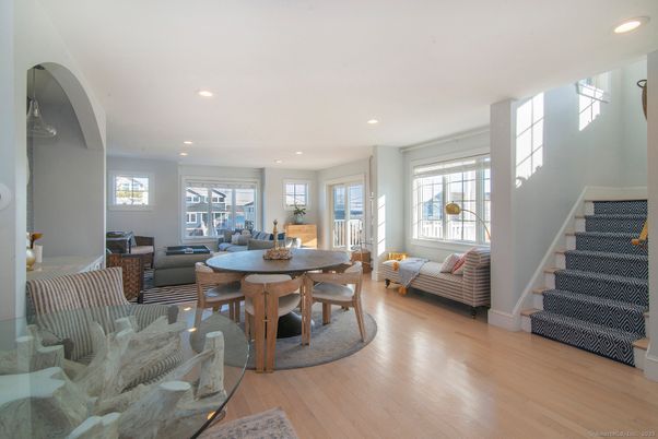 Dining room, Interior, Living room, Recessed Lighting, Wood Texture Flooring