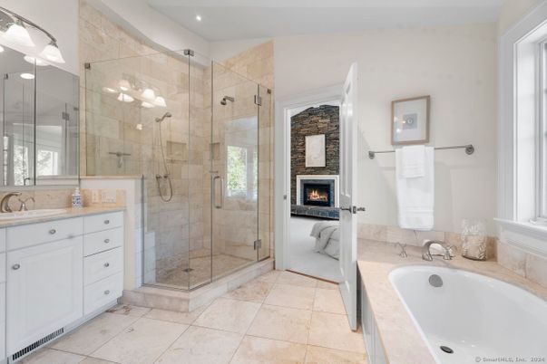 Bathroom, Fireplace, Glass Shower, Interior, Recessed Lighting