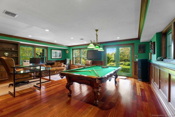 Billiard Table, Game Room, Home Office, Interior, Pendant Lights, Recessed Lighting, Wood Texture Flooring