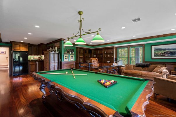 Billiard Table, Chandelier, Game Room, Interior, Living room, Recessed Lighting, Wood Texture Flooring