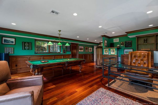 Billiard Table, Game Room, Interior, Pendant Lights, Recessed Lighting, Wood Texture Flooring