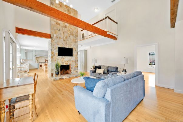 Fireplace, Interior, Kitchen, Living room, Recessed Lighting, Stone Walls, Wooden Beams, Wood Texture Flooring