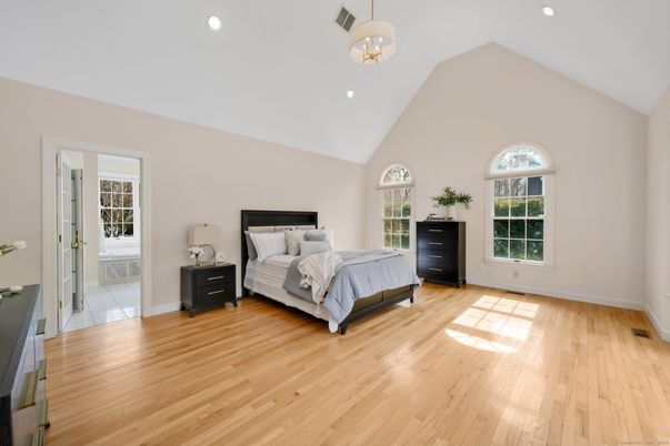 Bedroom, Interior, Pendant Lights, Recessed Lighting, Wood Texture Flooring
