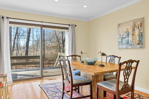 Dining room, Interior, Recessed Lighting, Wood Texture Flooring