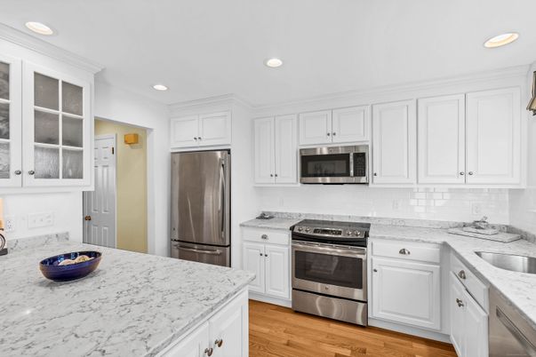 Interior, Kitchen, Recessed Lighting, Stainless Steel Appliances, Wood Texture Flooring