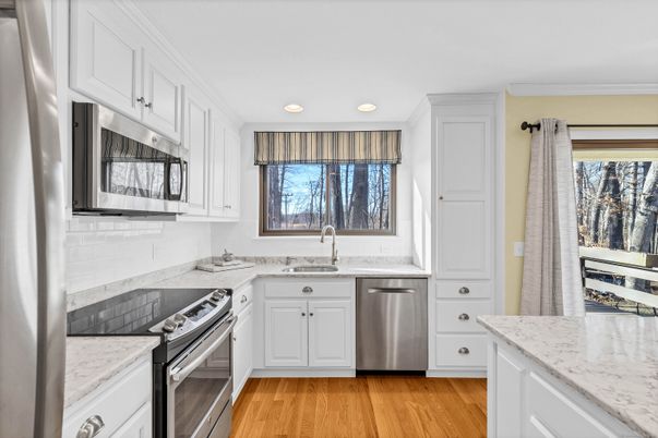 Interior, Kitchen, Recessed Lighting, Stainless Steel Appliances, Wood Texture Flooring