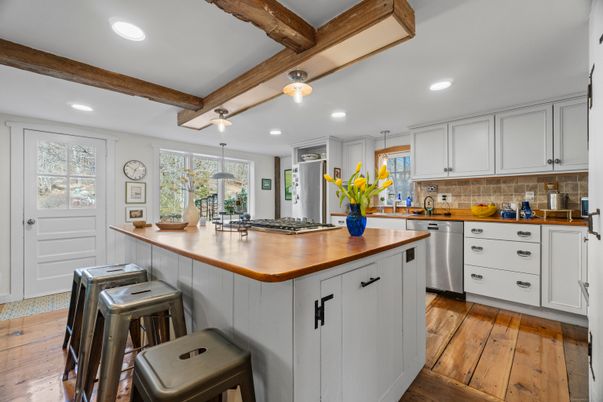 Interior, Kitchen, Pendant Lights, Recessed Lighting, Stainless Steel Appliances, Wooden Beams, Wood Texture Flooring