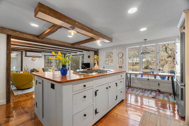 Interior, Kitchen, Pendant Lights, Recessed Lighting, Wooden Beams, Wood Texture Flooring