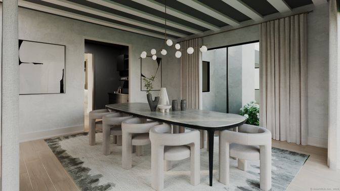 Dining room, Interior, Pendant Lights, Wood Texture Flooring