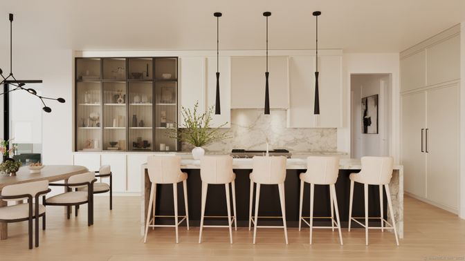 Dining room, Interior, Kitchen, Marble Walls, Pendant Lights, Wood Texture Flooring