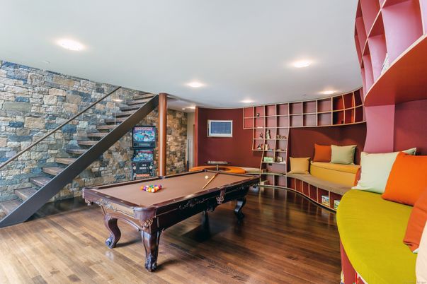 Billiard Table, Game Room, Interior, Recessed Lighting, Stone Walls, Wood Texture Flooring