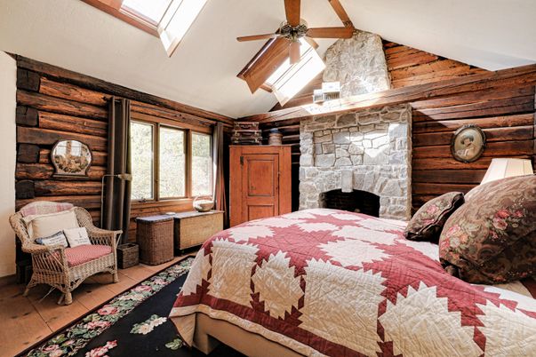Bedroom, Fireplace, Interior, Wood Texture Flooring, Wooden Walls