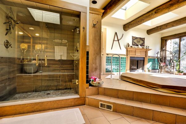 Bathroom, Fireplace, Glass Shower, Interior, Recessed Lighting, Wooden Beams