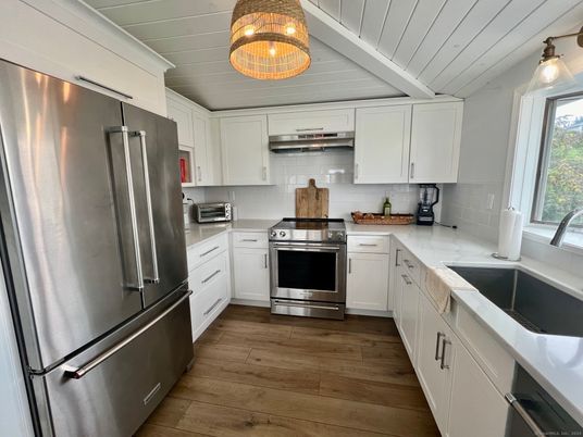 Chandelier, Interior, Kitchen, Stainless Steel Appliances, Wood Texture Flooring