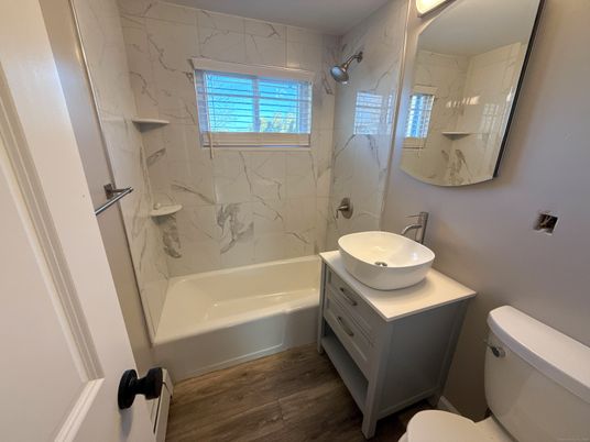 Bathroom, Interior, Marble Walls, Wood Texture Flooring