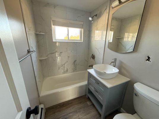 Bathroom, Interior, Marble Walls, Wood Texture Flooring