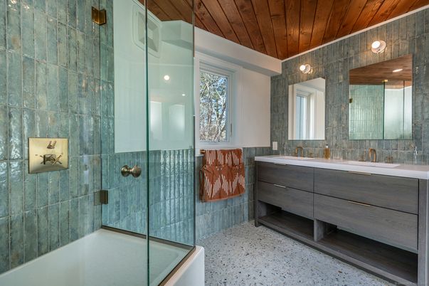 Bathroom, Glass Shower, Interior, Recessed Lighting, Wooden Ceilings