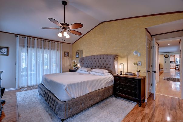 Bedroom, Interior, Recessed Lighting, Wood Texture Flooring