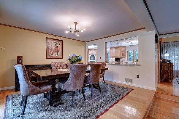 Dining room, Interior, Kitchen, Pendant Lights, Wood Texture Flooring