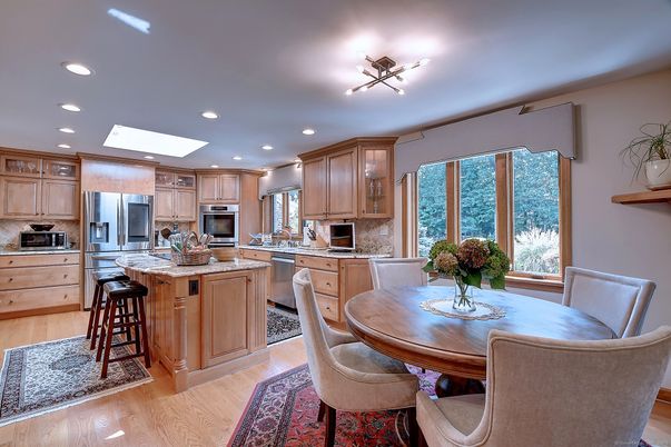 Dining room, Interior, Kitchen, Recessed Lighting, Stainless Steel Appliances, Wood Texture Flooring