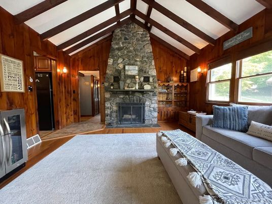 Fireplace, Interior, Living room, Stone Walls, Wooden Beams, Wood Texture Flooring, Wooden Walls