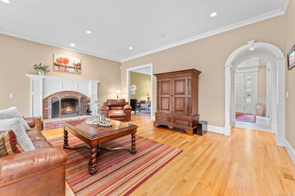 Fireplace, Interior, Living room, Recessed Lighting, Wood Texture Flooring