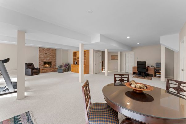 Dining room, Fireplace, Interior, Living room, Recessed Lighting, Stone Walls