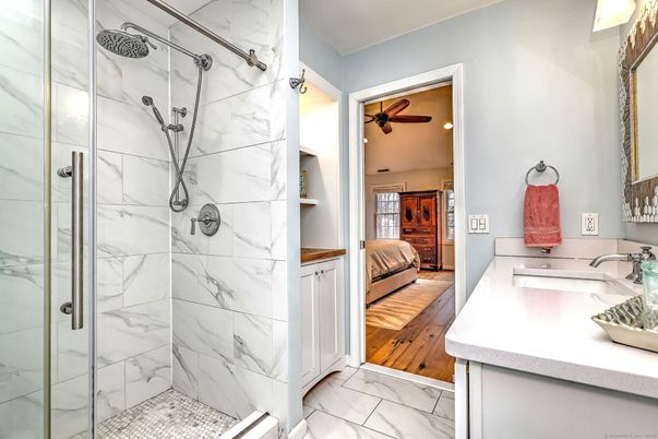 Bathroom, Bedroom, Glass Shower, Interior, Marble, Marble Walls, Wood Texture Flooring