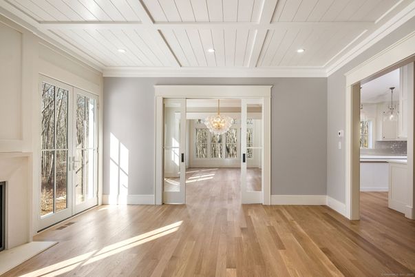 Empty room, Fireplace, Interior, Recessed Lighting, Wood Texture Flooring