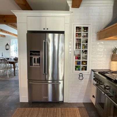Dining room, Interior, Kitchen, Stainless Steel Appliances, Stone Walls, Wooden Beams, Wood Texture Flooring