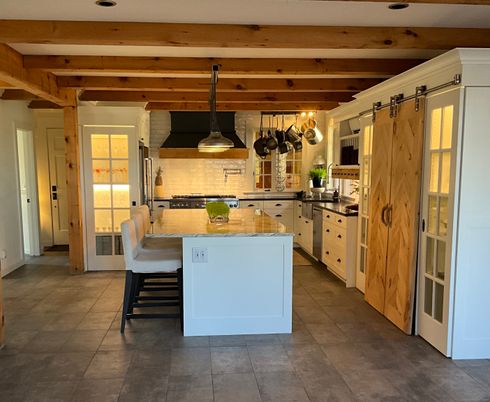 Interior, Kitchen, Pendant Lights, Stainless Steel Appliances, Wooden Beams