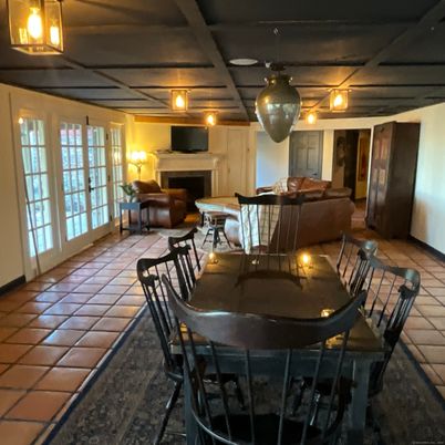 Dining room, Fireplace, Interior, Pendant Lights