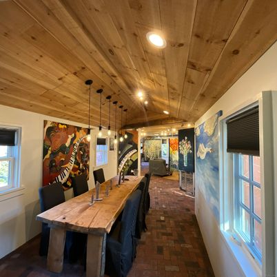 Dining room, Interior, Pendant Lights, Recessed Lighting, Wooden Ceilings