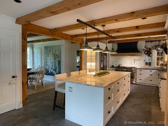 Dining room, Interior, Kitchen, Pendant Lights, Recessed Lighting, Stainless Steel Appliances, Wooden Beams