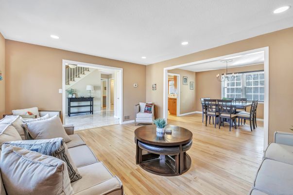 Dining room, Interior, Living room, Pendant Lights, Recessed Lighting, Wood Texture Flooring