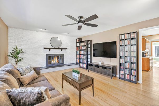 Fireplace, Interior, Living room, Stone Walls, Wood Texture Flooring