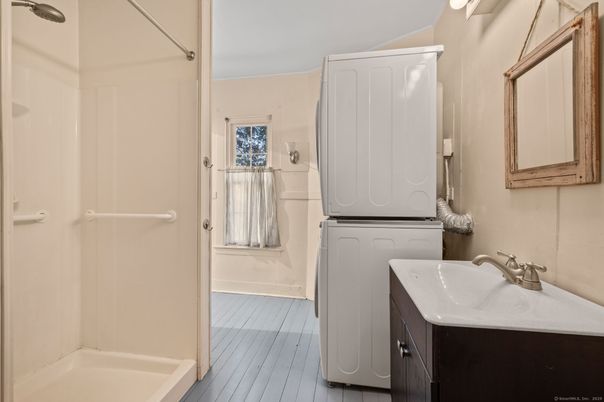 Bathroom, Interior, Washer, Wood Texture Flooring