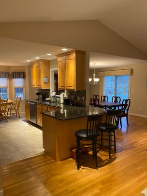 Chandelier, Dining room, Interior, Kitchen, Recessed Lighting, Wood Texture Flooring