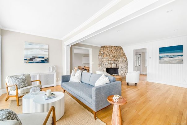 Dining room, Fireplace, Interior, Living room, Stone Walls, Wood Texture Flooring