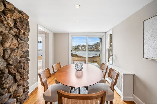 Dining room, Interior, Recessed Lighting, Stone Walls, Water, Wood Texture Flooring