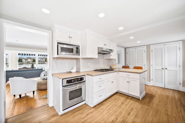 Interior, Kitchen, Living room, Recessed Lighting, Stainless Steel Appliances, Wood Texture Flooring