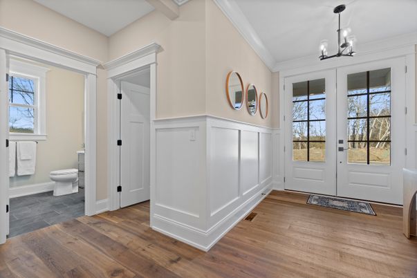 Bathroom, Interior, Pendant Lights, Wood Texture Flooring