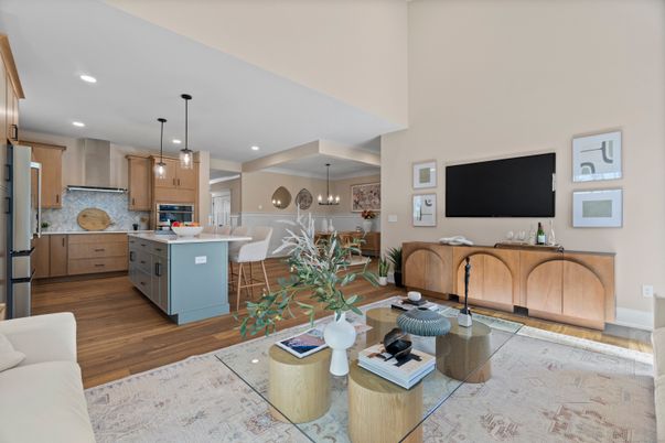 Dining room, Interior, Kitchen, Living room, Pendant Lights, Recessed Lighting, Stainless Steel Appliances, Wood Texture Flooring